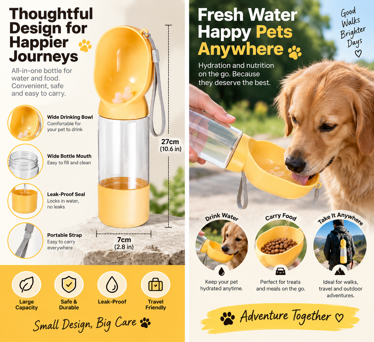 Mirevo 2-in-1 Portable Pet Water & Food Bottle